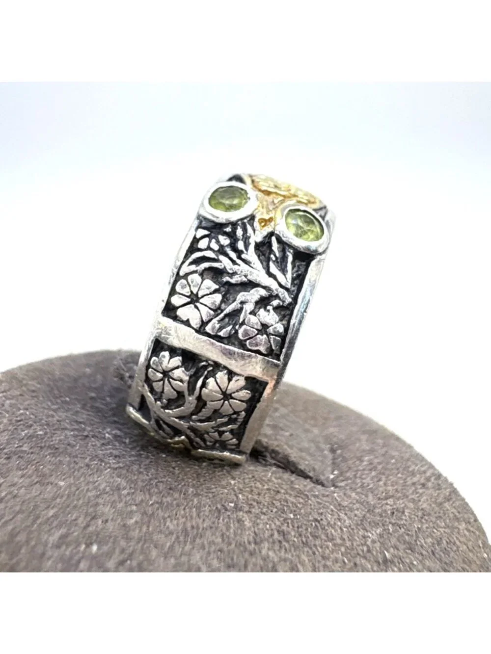 Peridot Band Dogwood Flower Branch Design Ring 18k & Sterling Silver SZ 8